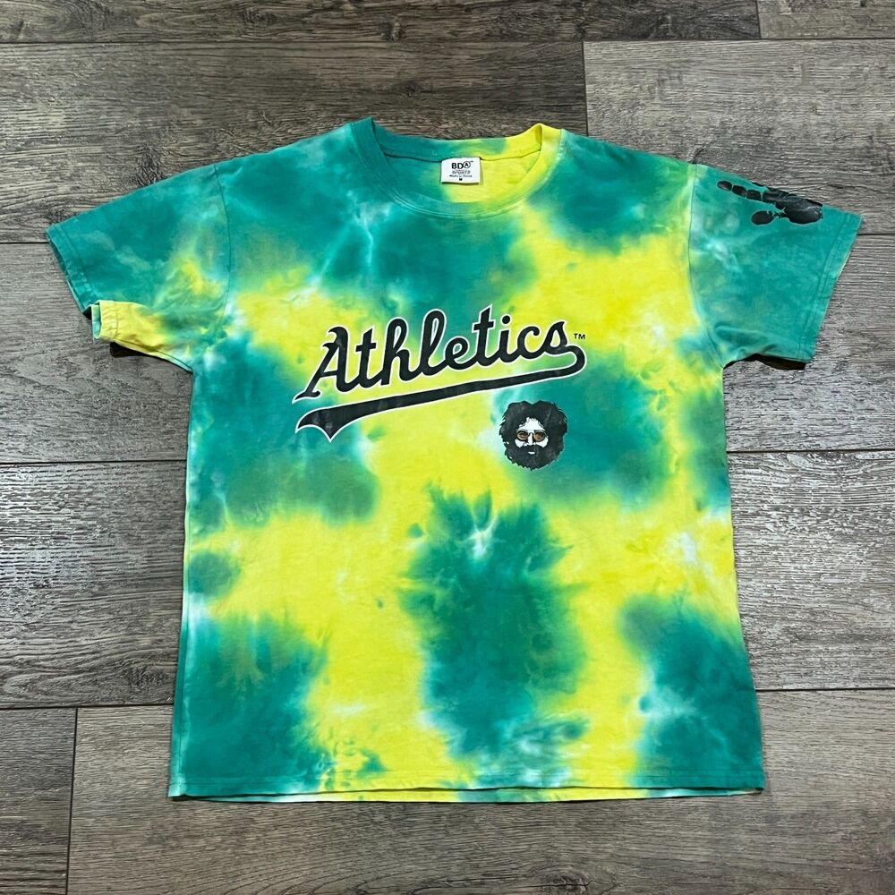 Oakland Athletics Tie‑Dye Jerry Garcia Grateful Dead Tee Green/Yellow Medium